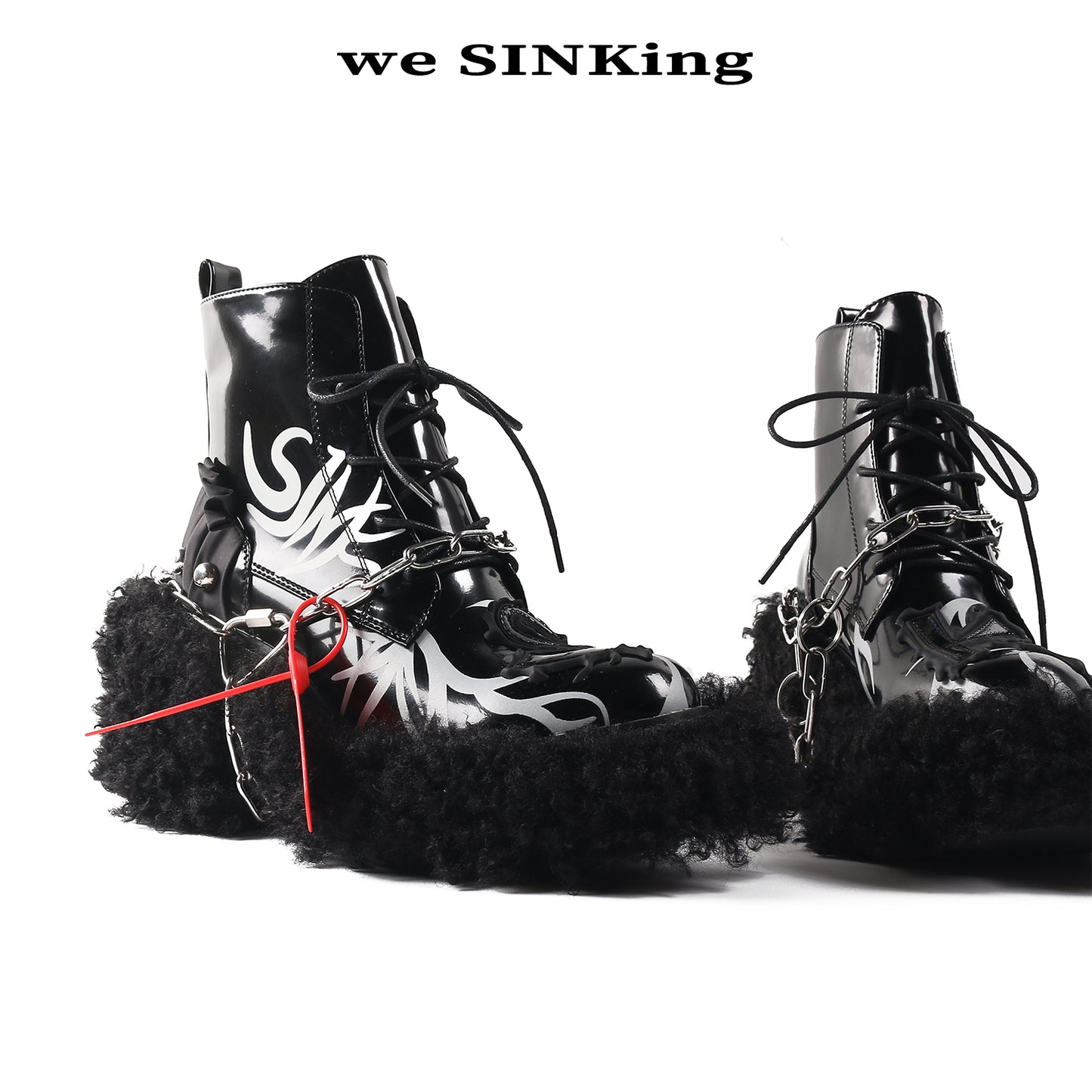 SINKing Fire Print Chain Boots Silver
