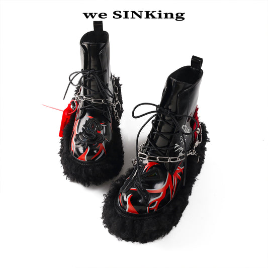 SINKing Fire Print Chain Boots Red